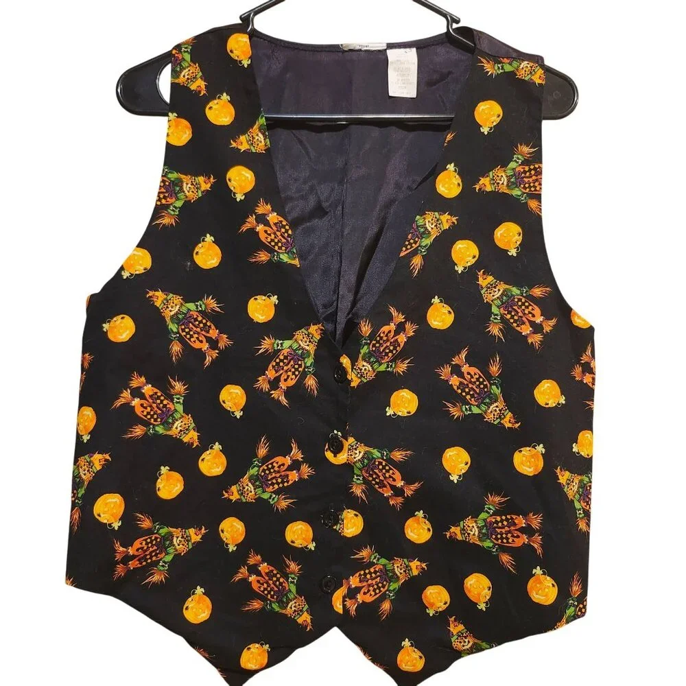 Vintage 90s Women's Medium Halloween Vest Black Pumpkin Scarecrow Print Fall - Picture 1 of 7